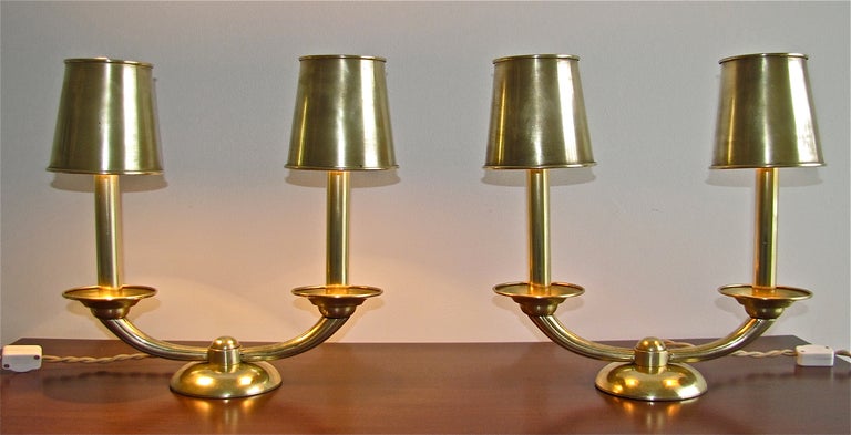 Pair Brass Rhulmann Style Mantle French Art Deco Table Lamps