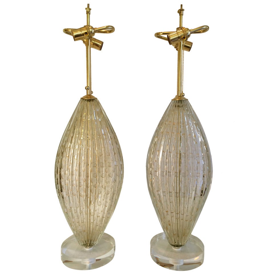 Pair Monumental Barovier Murano Oval Table Lamps With Gold Inclusions