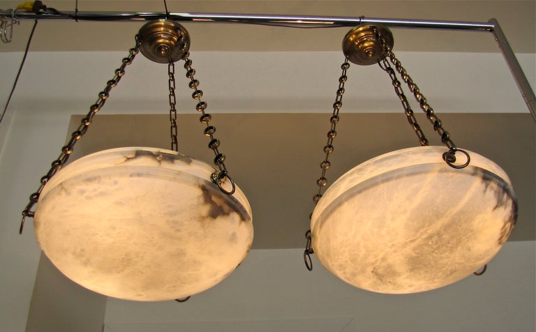 Mid-20th Century Pair French Alabaster Ceiling Light Pendants