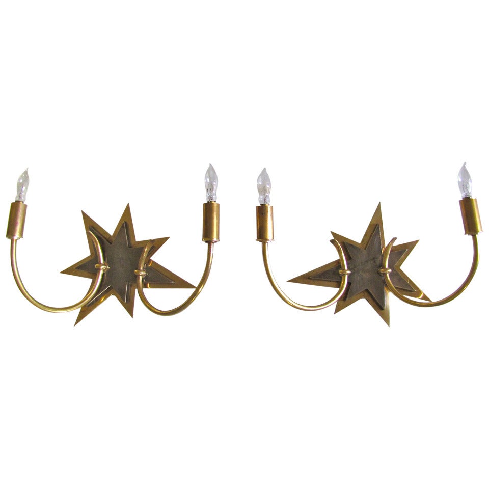 French Moderne Pair of Star Motif Brass Sconces For Sale