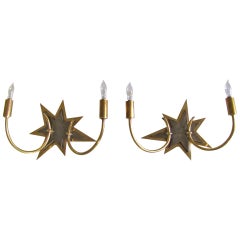 French Moderne Pair of Star Motif Brass Sconces