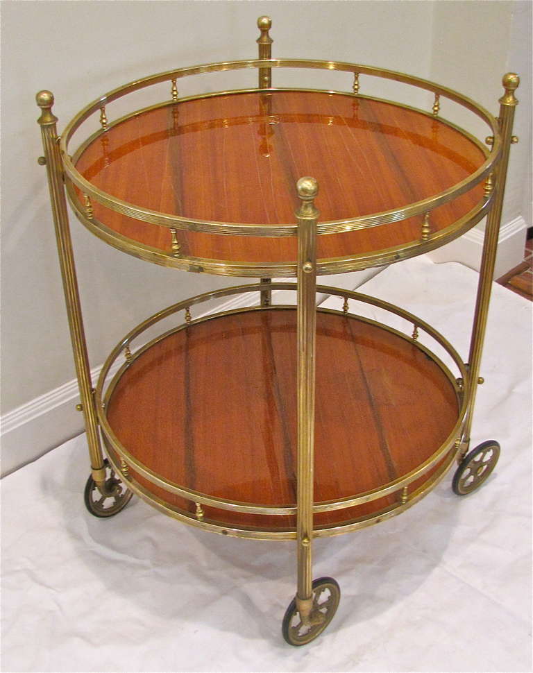 French 2 Tier Brass and Wood Shelf Bar Cart or End Table