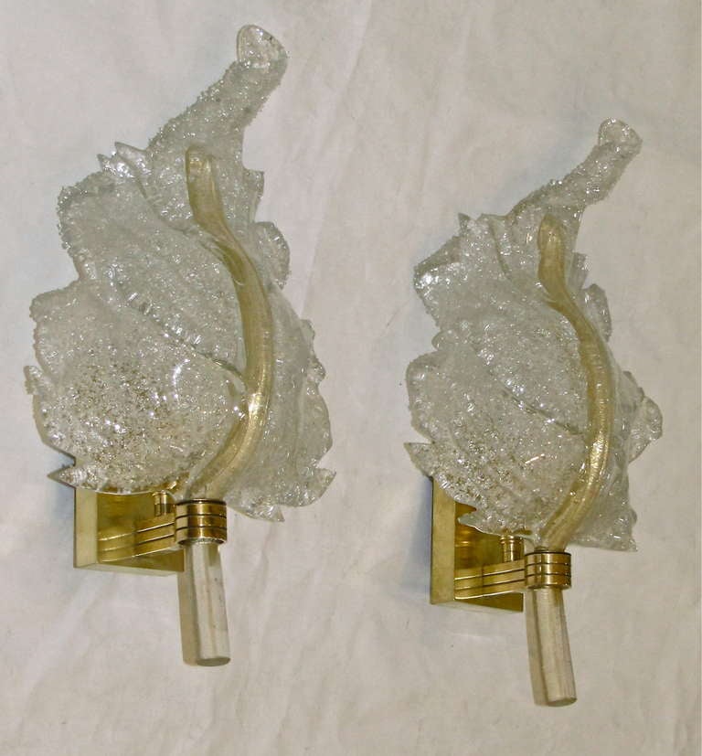 Pair Barovier Murano Rugiadoso Leaf Wall Sconces In Excellent Condition In Palm Springs, CA