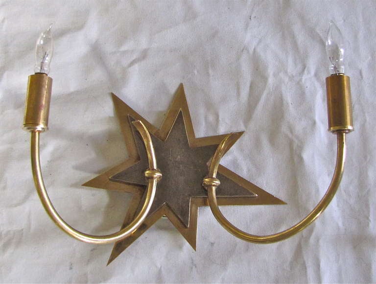 Mid-20th Century French Moderne Pair of Star Motif Brass Sconces For Sale