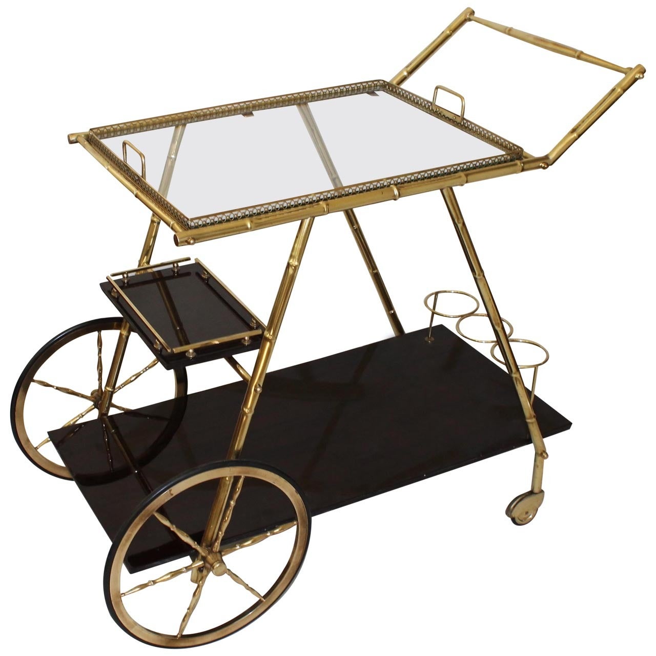 Italian Brass Faux Bamboo and Mahogany Bar Cart