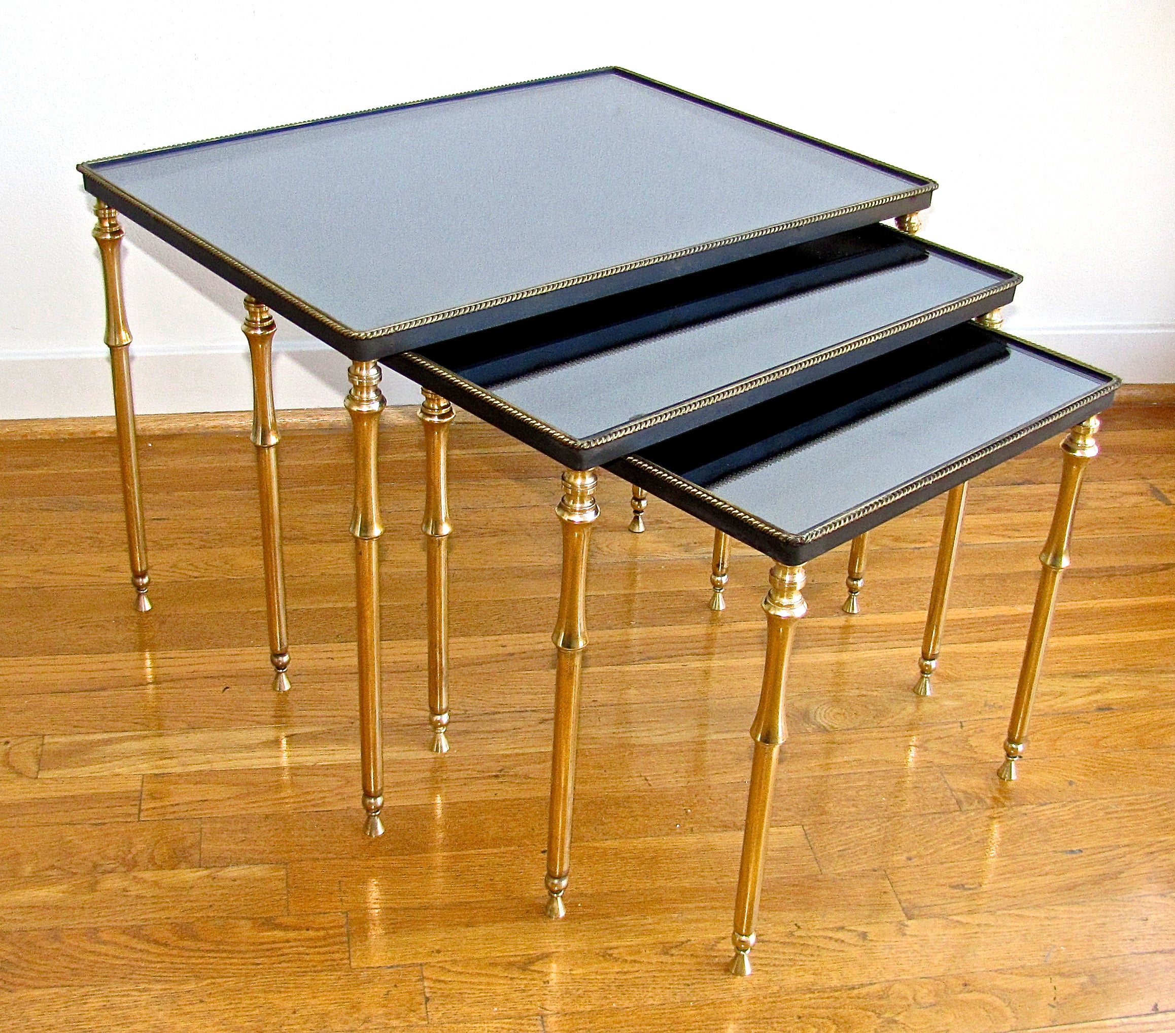French Set 3 Brass Mirrored Top Nesting Tables
