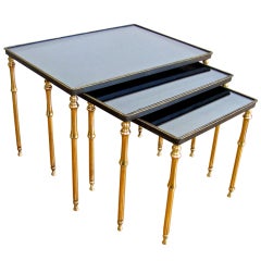 French Set 3 Brass Mirrored Top Nesting Tables