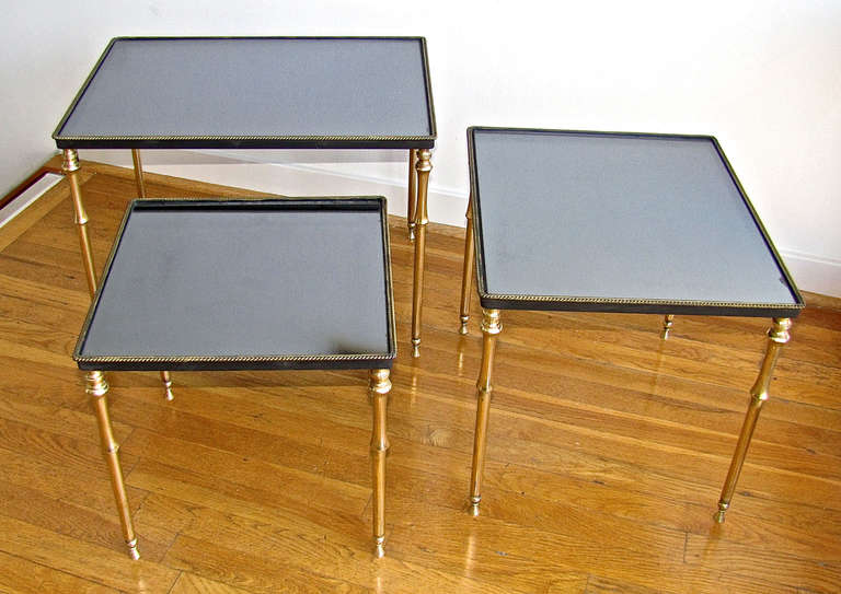 Mid-20th Century French Set 3 Brass Mirrored Top Nesting Tables
