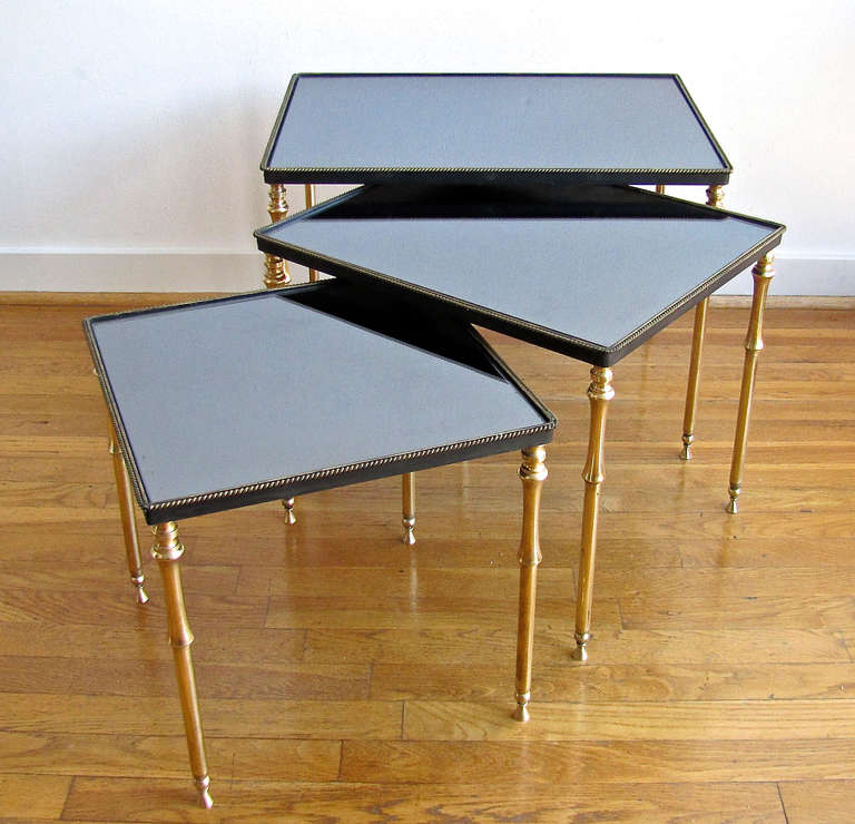 French Set 3 Brass Mirrored Top Nesting Tables 1