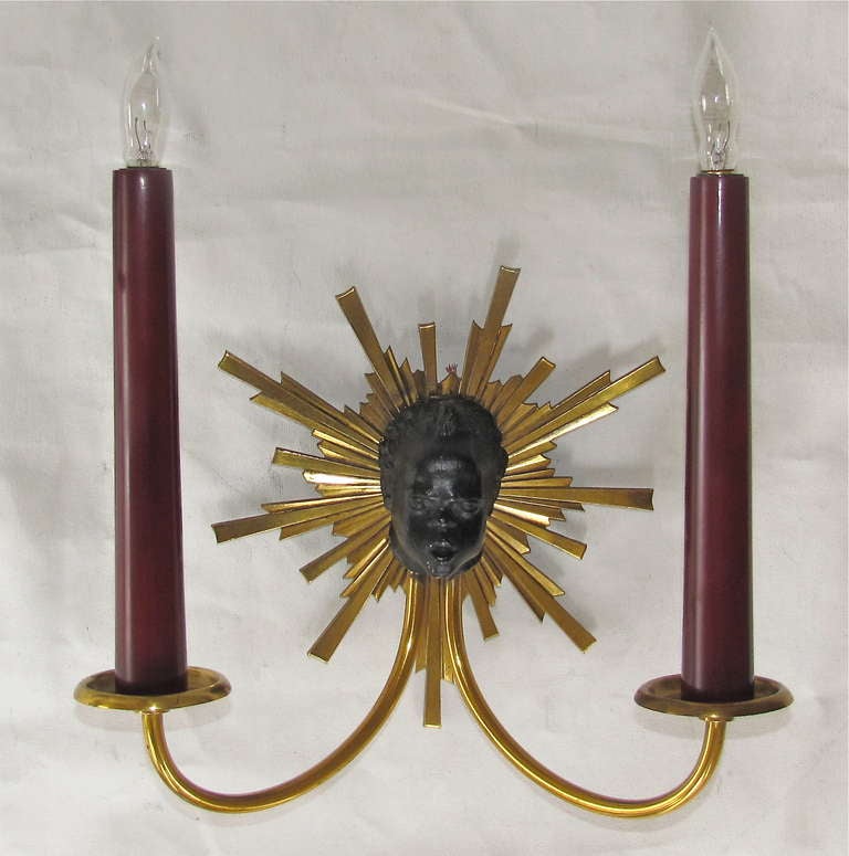 Pair of French Napoleon III Style Nubian Soleil Wall Sconces In Excellent Condition In Palm Springs, CA