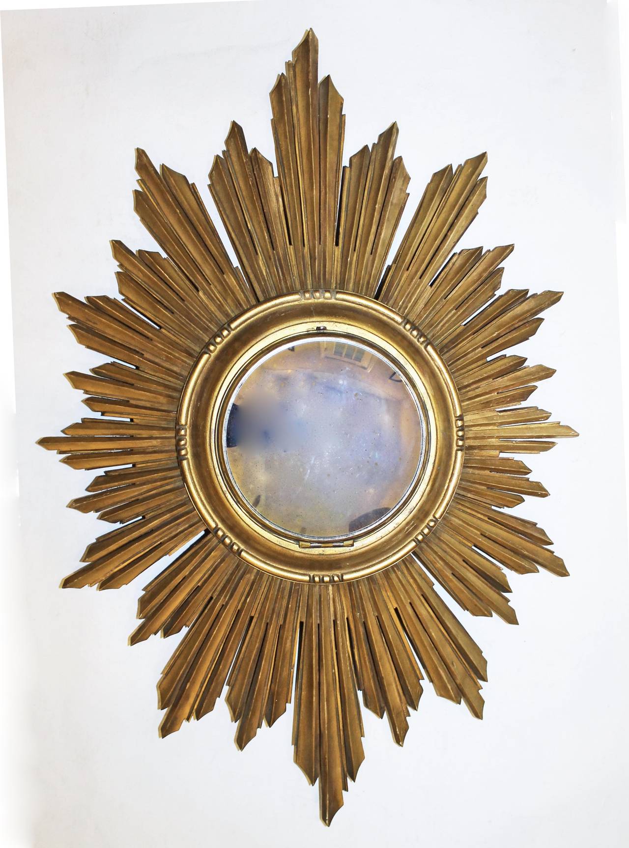 French, 1940s soleil gilt gold paint wood carved wall mirror with convex inset mirror.