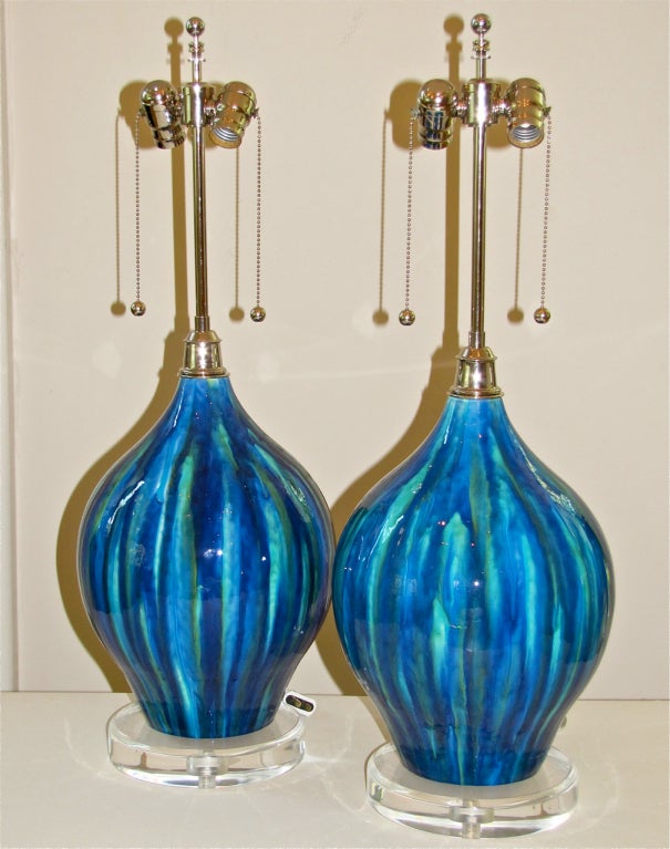 Pair Italian Vibrant Blue & Green Drip Glaze Lamps