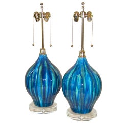 Pair Italian Vibrant Blue & Green Drip Glaze Lamps