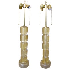 Pair Murano Gold Glass Cylinder Lamps