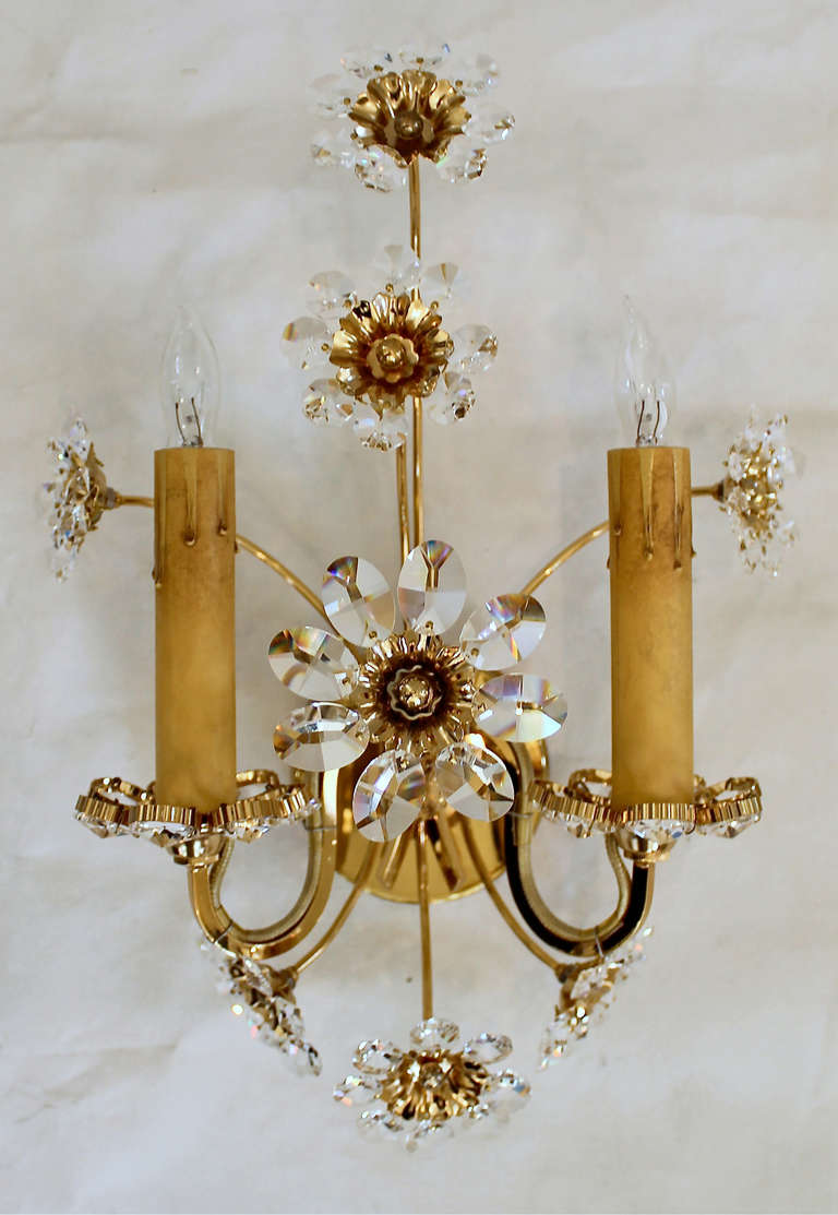 German Pair Crystal Floral Gold Plated Wall Sconces