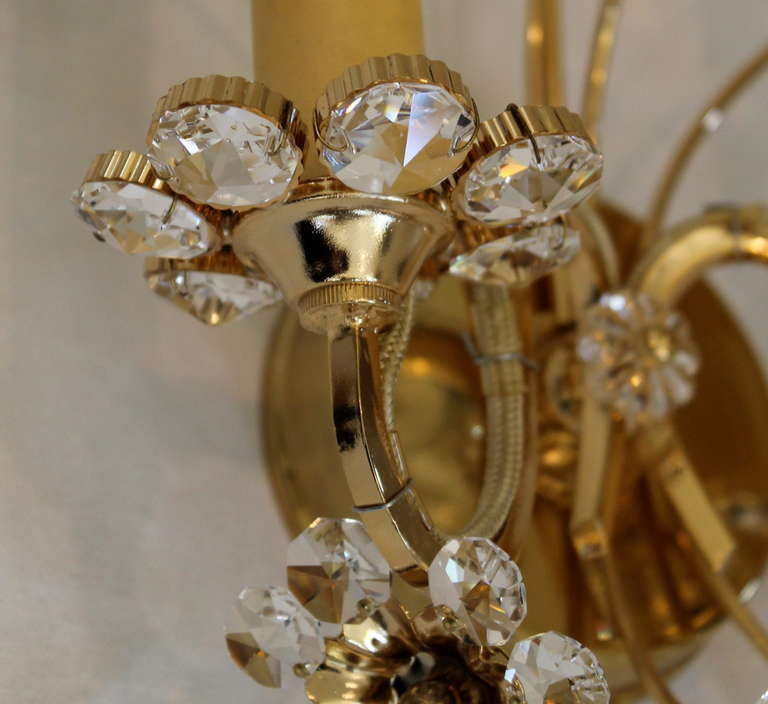20th Century Pair Crystal Floral Gold Plated Wall Sconces