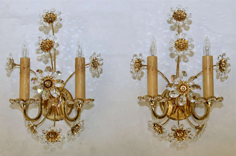 Pair Crystal Floral Gold Plated Wall Sconces 2