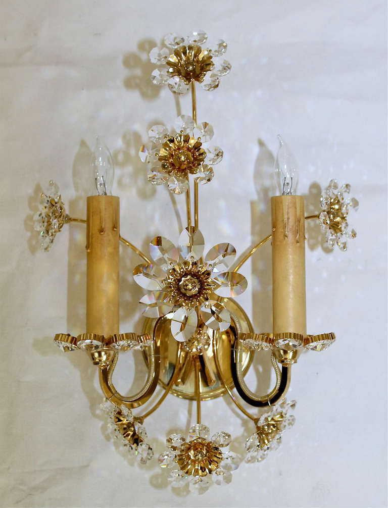Pair Crystal Floral Gold Plated Wall Sconces 3