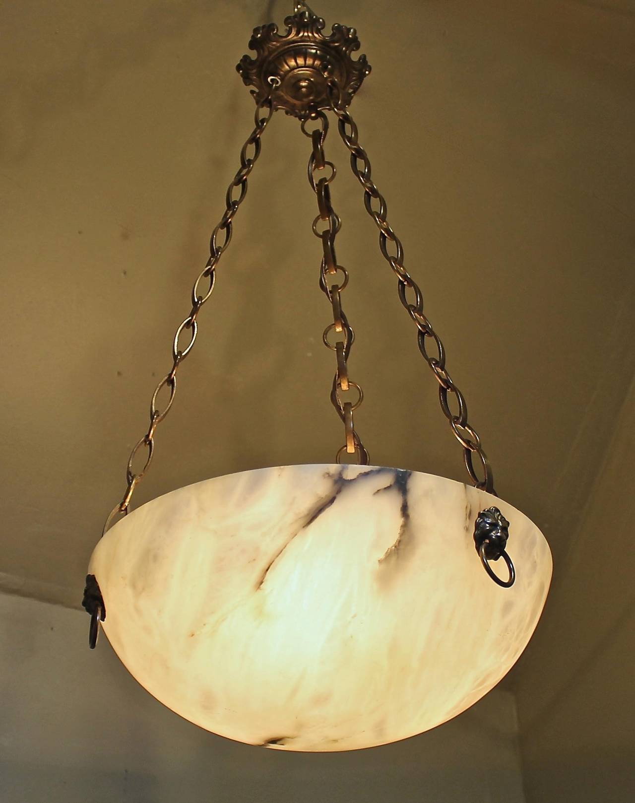 Patinated French Alabaster Ceiling Pendant Light or Chandelier