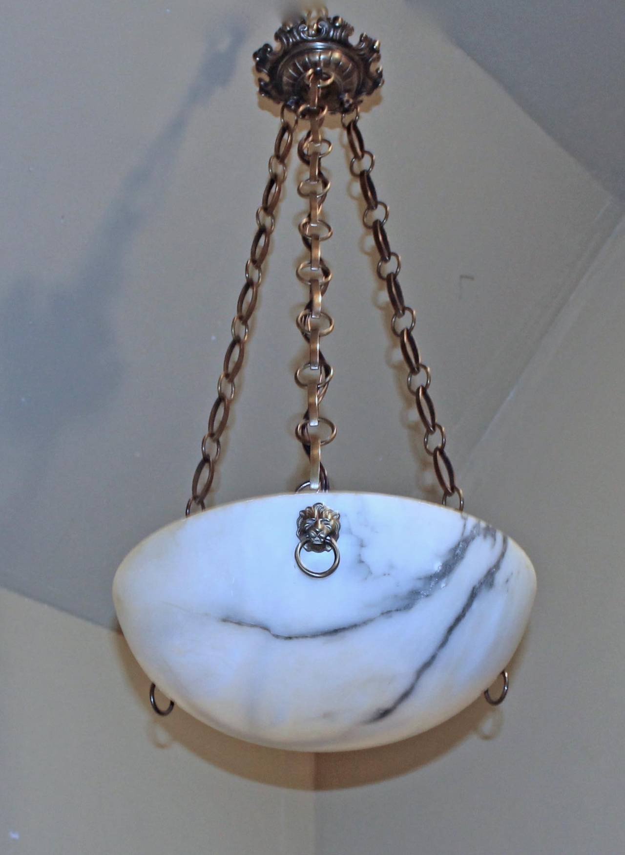 Brass French Alabaster Ceiling Pendant Light or Chandelier