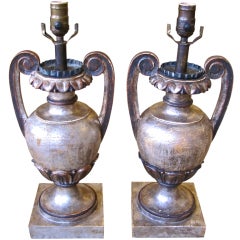 Pair French Silver Gilt Carved Wood Pricket Lamps
