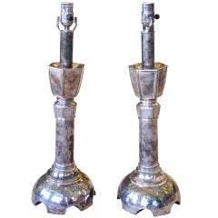 Pair Belgian Silver Plated Candlestick Lamps