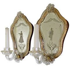 Pair Venetian Italian Etched Mirrored Candle Wall Lights or Sconces