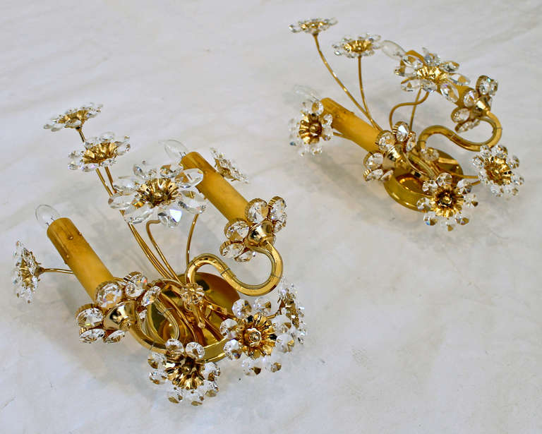 Pair Crystal Floral Gold Plated Wall Sconces In Excellent Condition In Palm Springs, CA