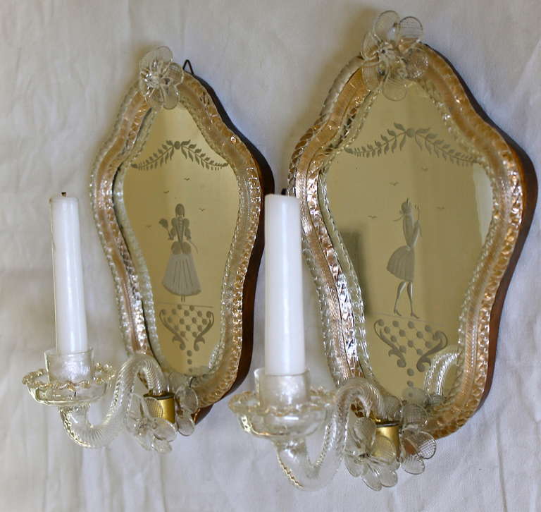 Pair Venetian Italian Etched Mirrored Candle Wall Lights or Sconces In Good Condition In Palm Springs, CA