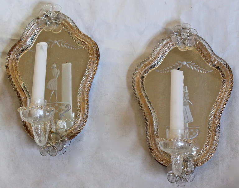 Mid-20th Century Pair Venetian Italian Etched Mirrored Candle Wall Lights or Sconces