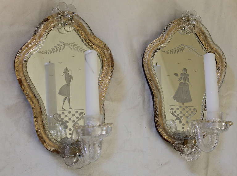 Pair of Venetian etched mirrored sconces or wall lights with classical figures and applied glass decoration.