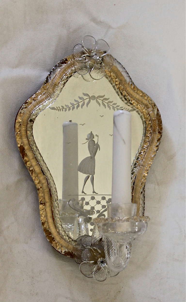 Glass Pair Venetian Italian Etched Mirrored Candle Wall Lights or Sconces