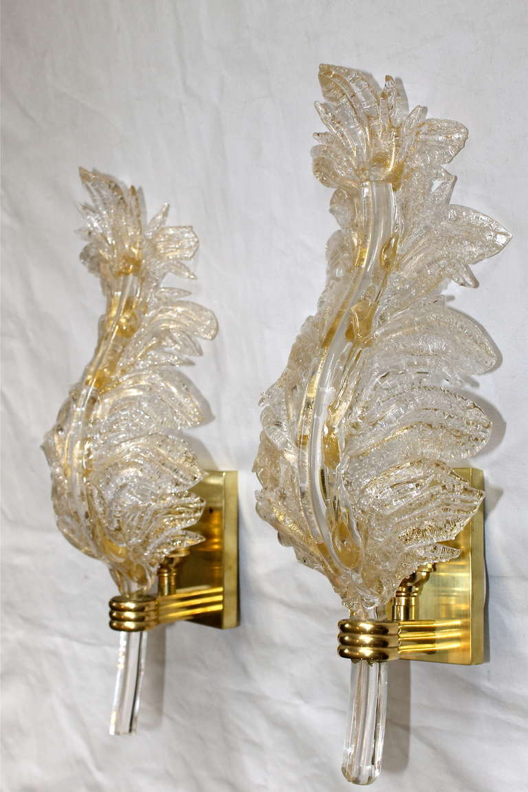 Pair Barovier Murano Italian Glass Rugiadoso Leaf Wall Sconces 2