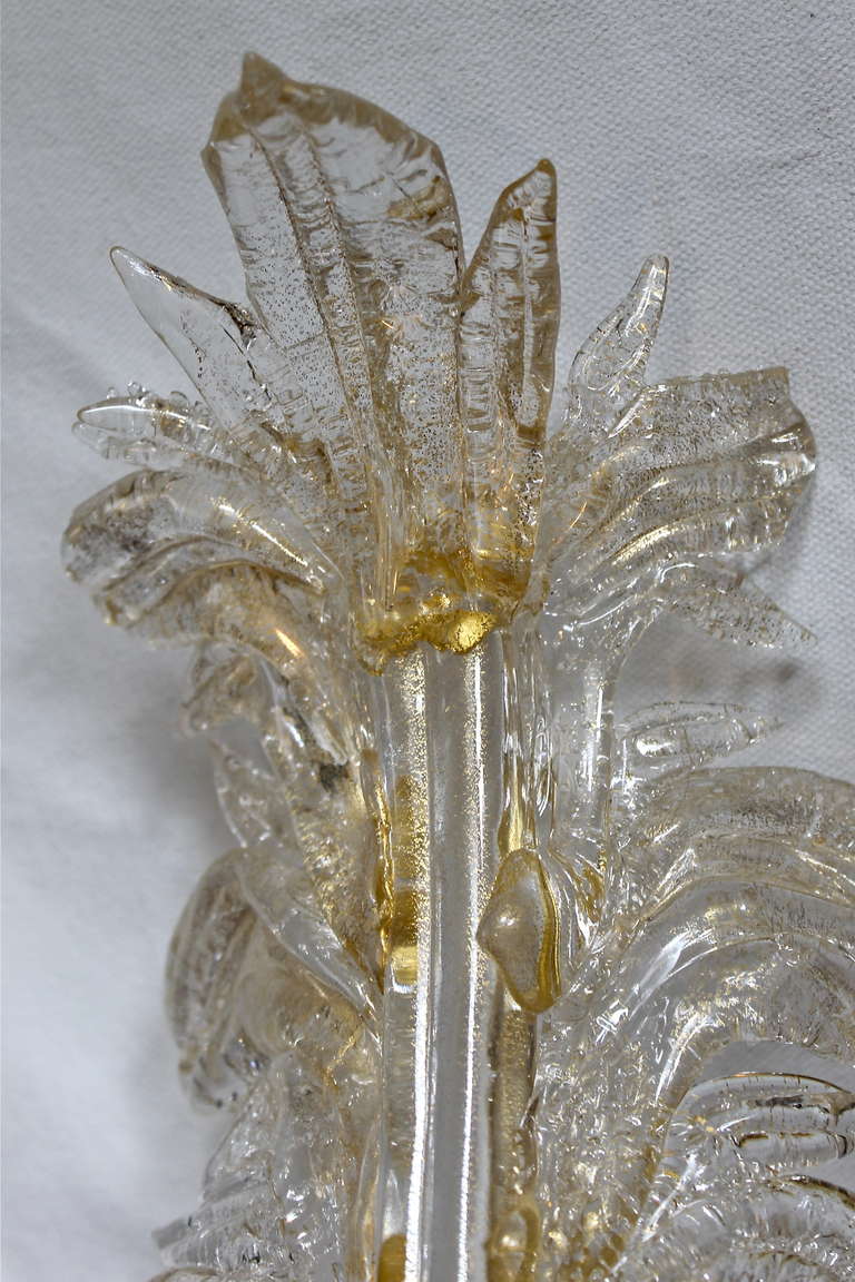 Brass Pair Barovier Murano Italian Glass Rugiadoso Leaf Wall Sconces