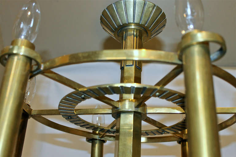 French Deco Brass 6 light Chandelier For Sale 3