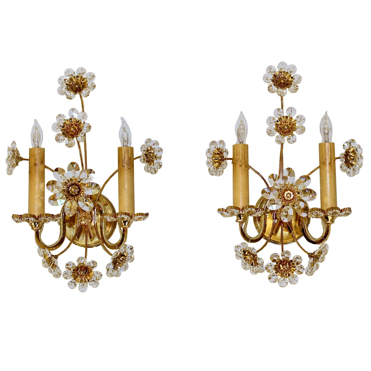 Pair Crystal Floral Gold Plated Wall Sconces