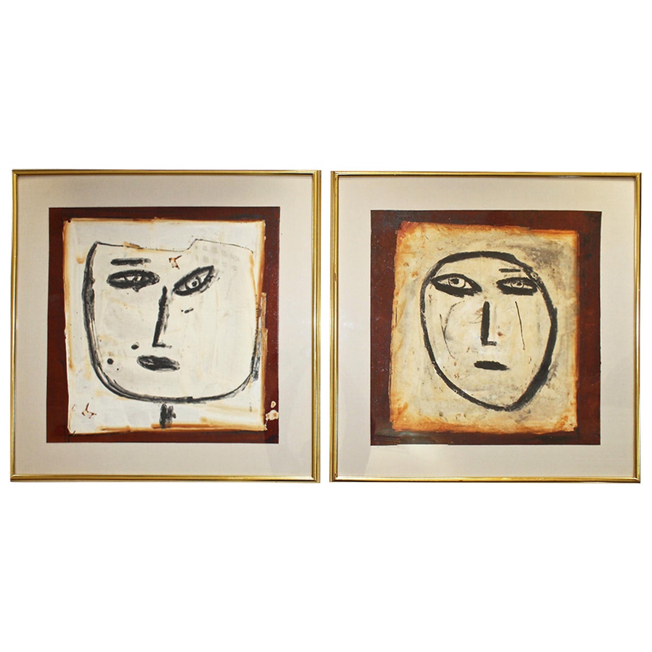 Pair of Large Jamali Abstract Face Oil on Cork Paintings