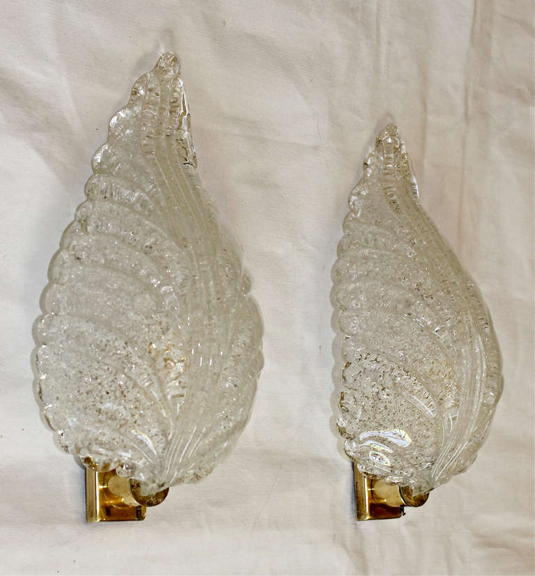 Pair of beautiful hand blown Barovier glass leaf wall sconces in the 
