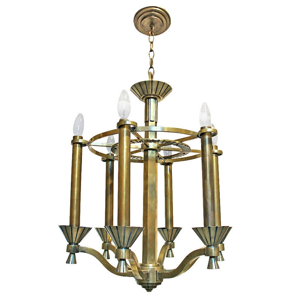 French Deco Brass 6 light Chandelier For Sale