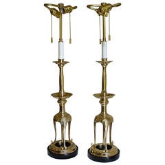 Vintage Pair of Brass, Japanese Candlestick Lamps