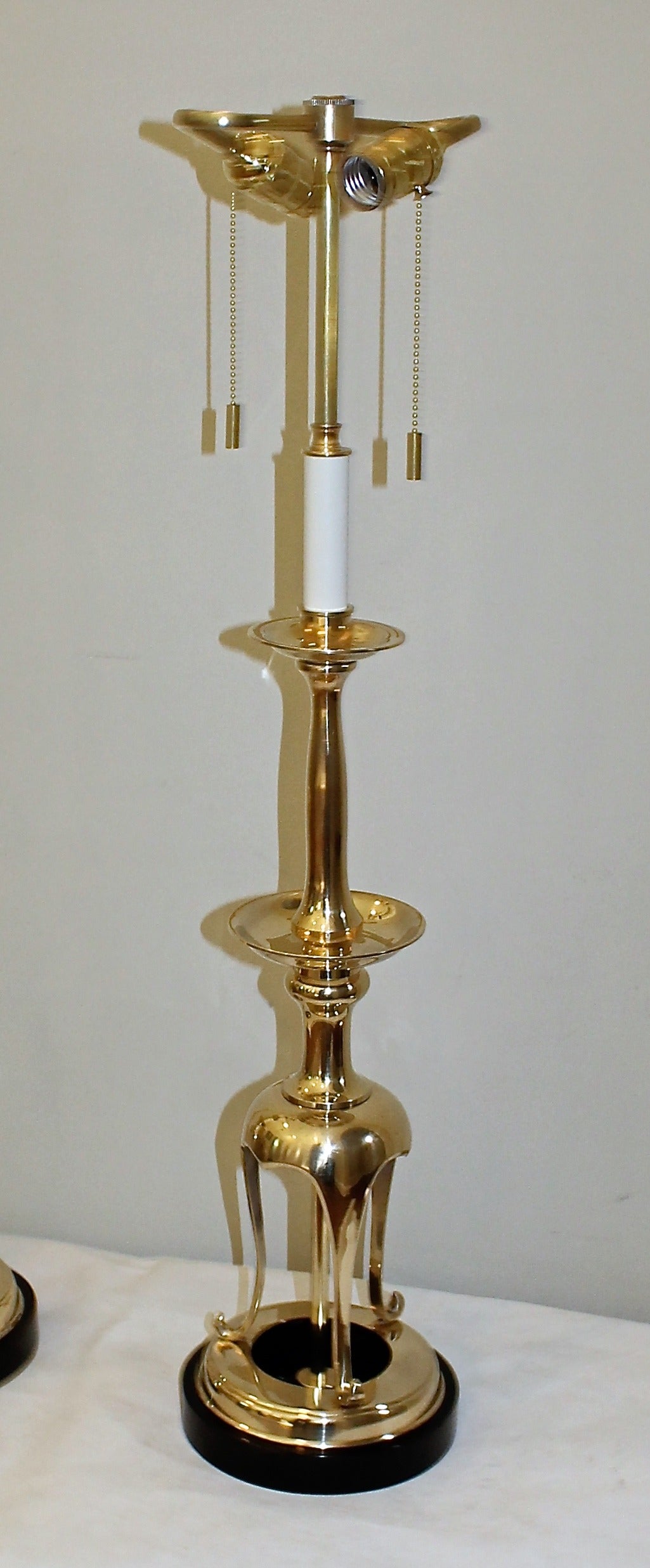 Mid-20th Century Pair of Brass, Japanese Candlestick Lamps