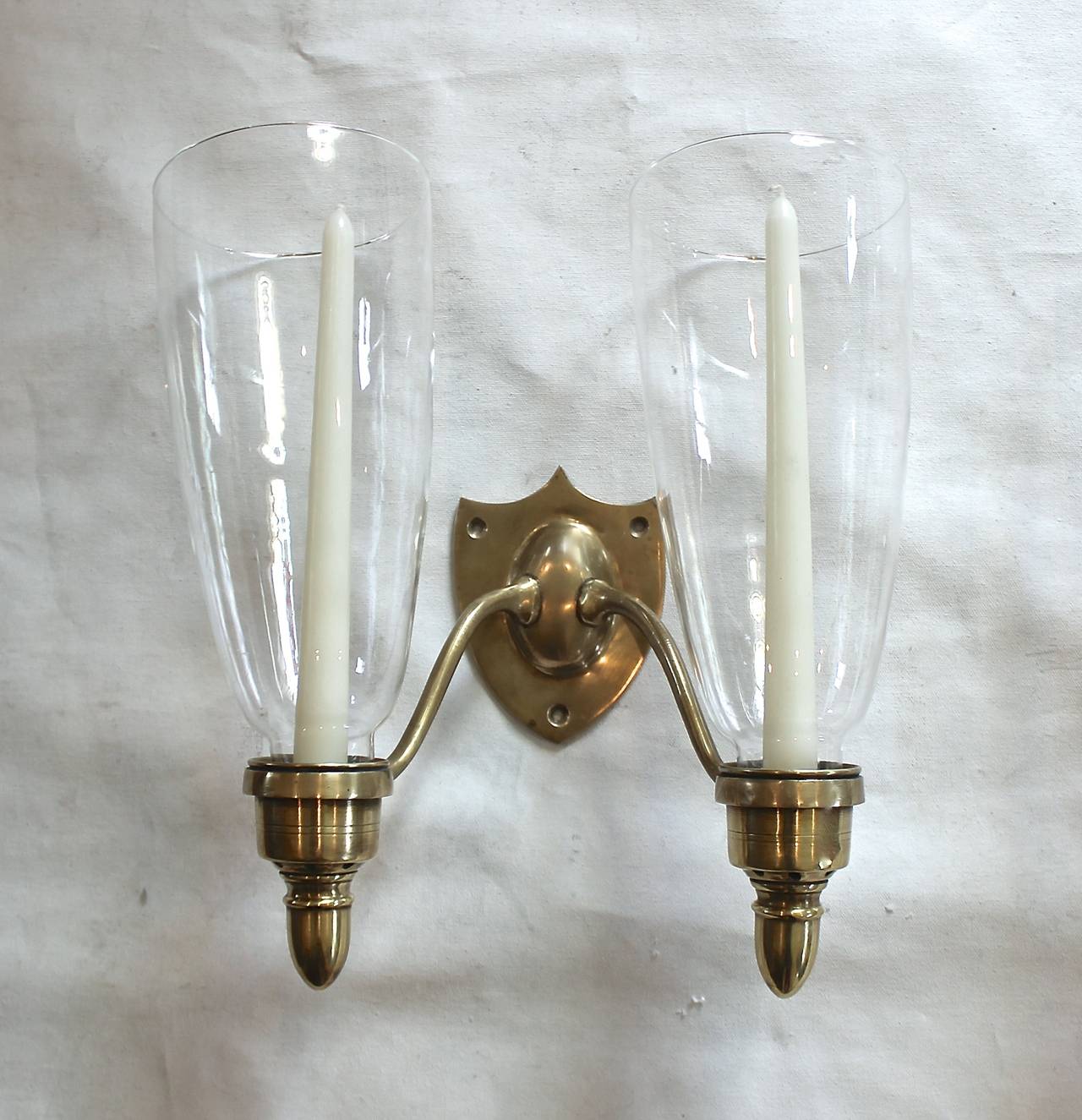 American Pair of Federal Style Shield Back Brassm Two-Candle Wall Sconces