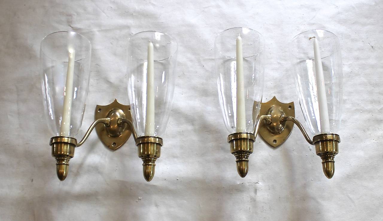Pair of Federal Style Shield Back Brassm Two-Candle Wall Sconces 2