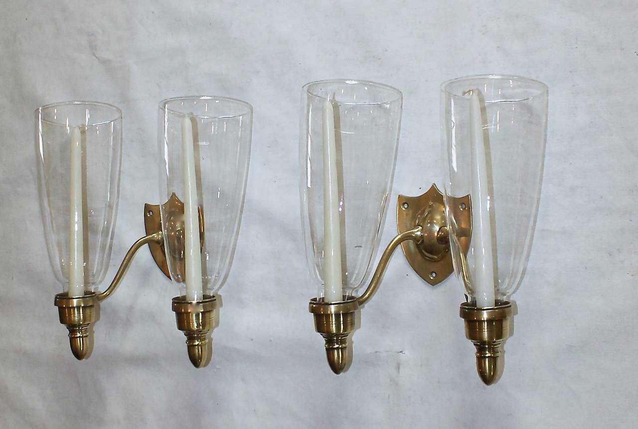 Pair of Federal Style Shield Back Brassm Two-Candle Wall Sconces In Excellent Condition In Palm Springs, CA