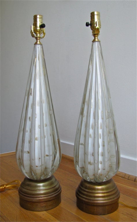 Pair Barbini White Gold Murano Glass Lamps