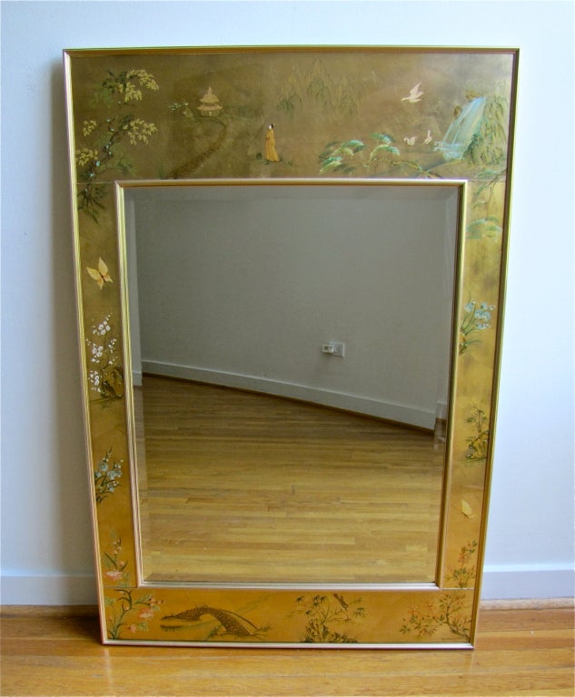 Attractive egolmise reverse hand painted Asian inspired wall mirror by LaBarge signed D. Moomey.