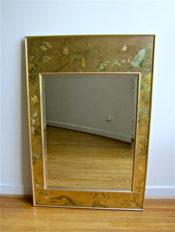 LaBarge Asian Eglomise Wall Mirror In Excellent Condition In Palm Springs, CA