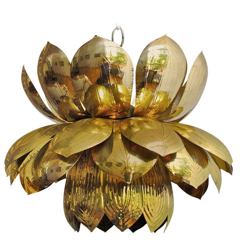 Large Rare Brass Lotus Chandelier or Pendant