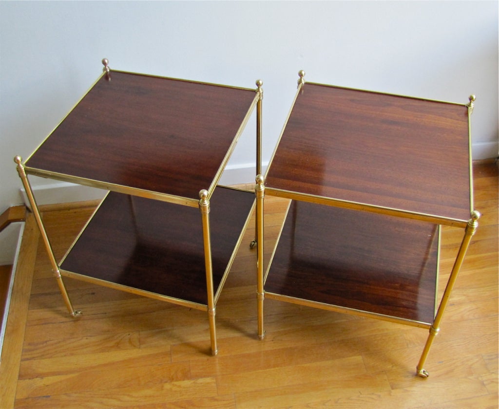 Pair Brass Mahogany 2 Tier End Side Tables In Good Condition In Palm Springs, CA