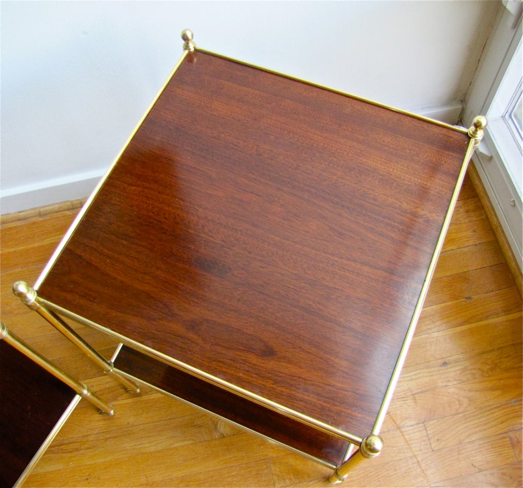 Mid-20th Century Pair Brass Mahogany 2 Tier End Side Tables